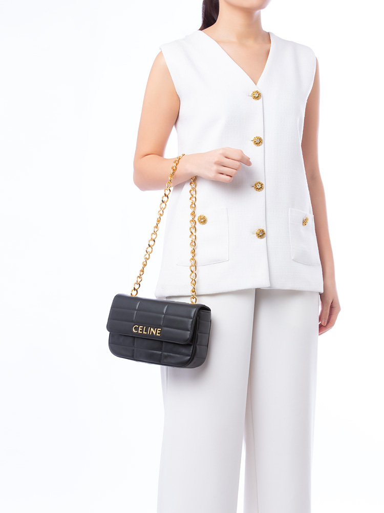 Goatskin Quilted Monochrome Flap Shoulder Bag Black