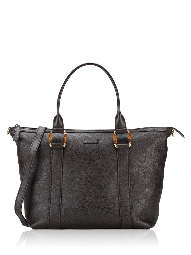 Calfskin Bamboo Top Handle Tote Dark Brown