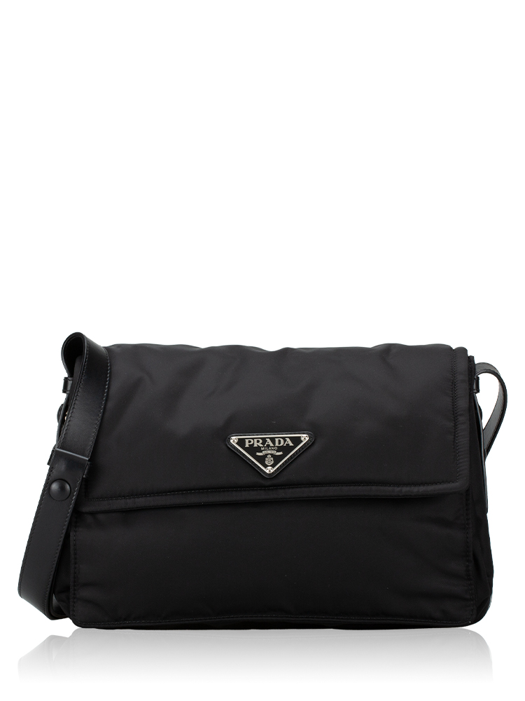 Re-Nylon Vitello Padded Medium Flap Shoulder Bag Black