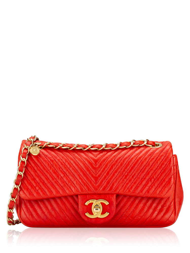 Wrinkled Calfskin Chevron Mini Rectangular Medallion Flap Bag Red