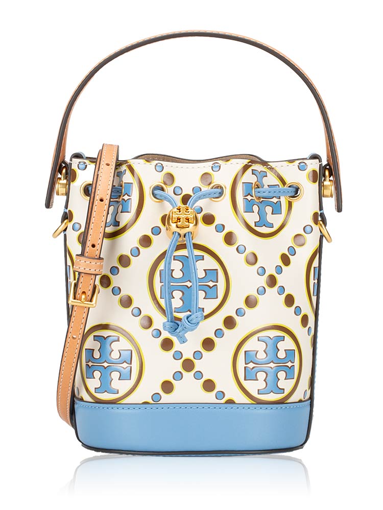 T Monogram Contrast Embossed Mini Bucket Bag New Ivory Dauphin Blue