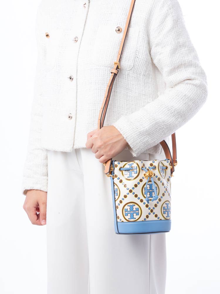 T Monogram Contrast Embossed Mini Bucket Bag New Ivory Dauphin Blue