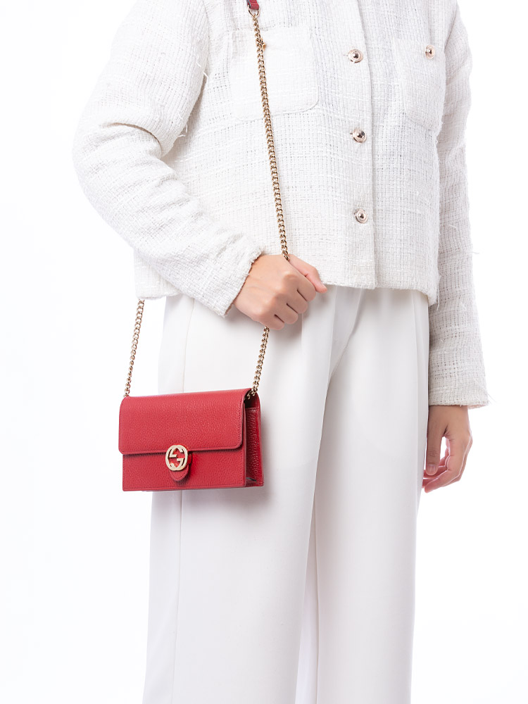 Dollar Calfskin Interlocking G Chain Wallet Red