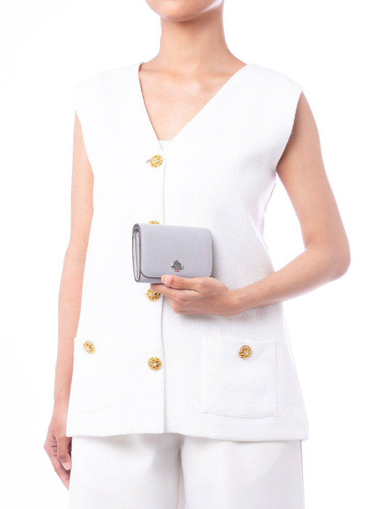 Kayla Pebbled Leather Small L-Zip Wallet Mountain Grey