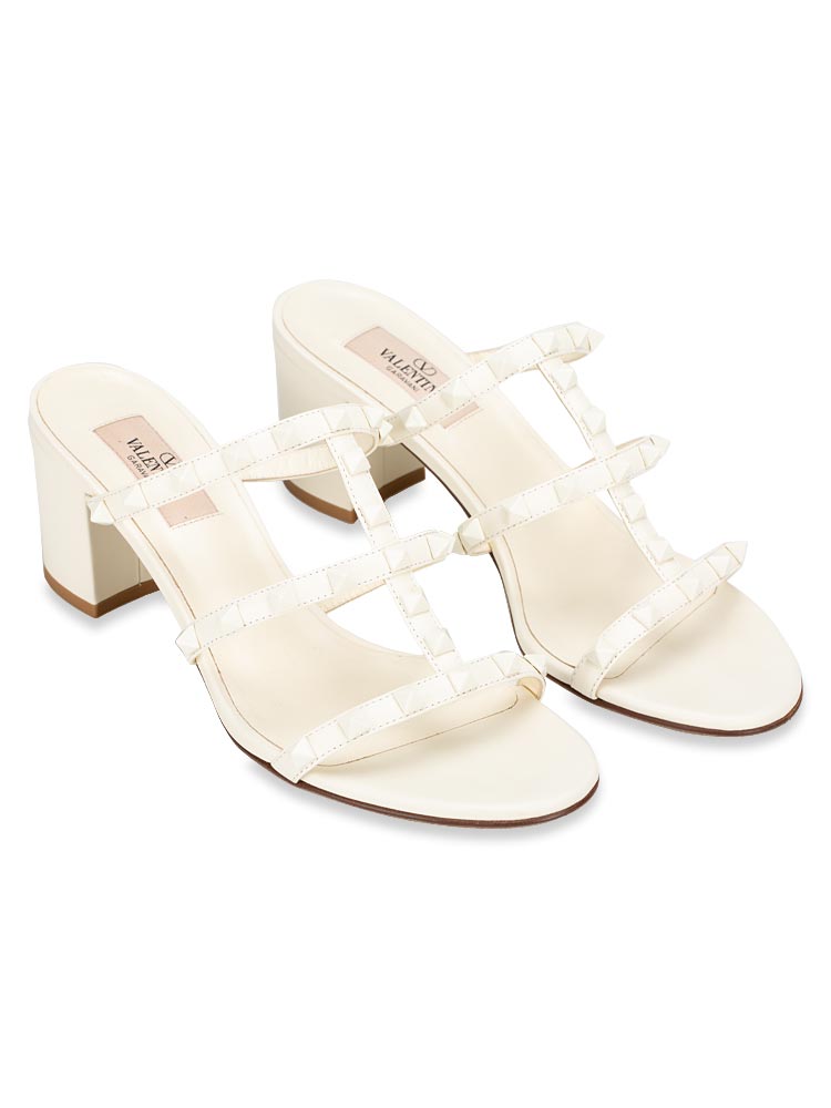 Calfskin Rockstud 60mm Caged Slide Sandals Ivory Sz 38