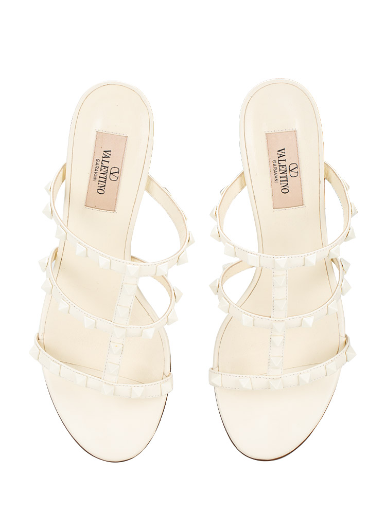 Calfskin Rockstud 60mm Caged Slide Sandals Ivory Sz 38