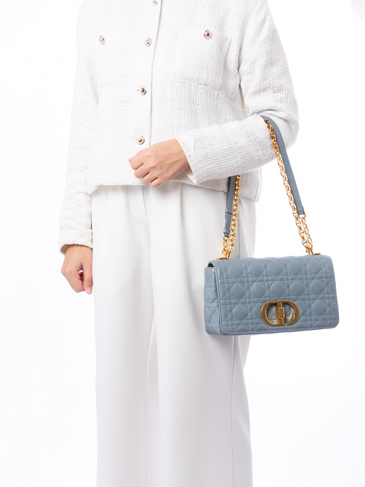 Calfskin Cannage Caro Medium Shoulder Bag Cloud Blue