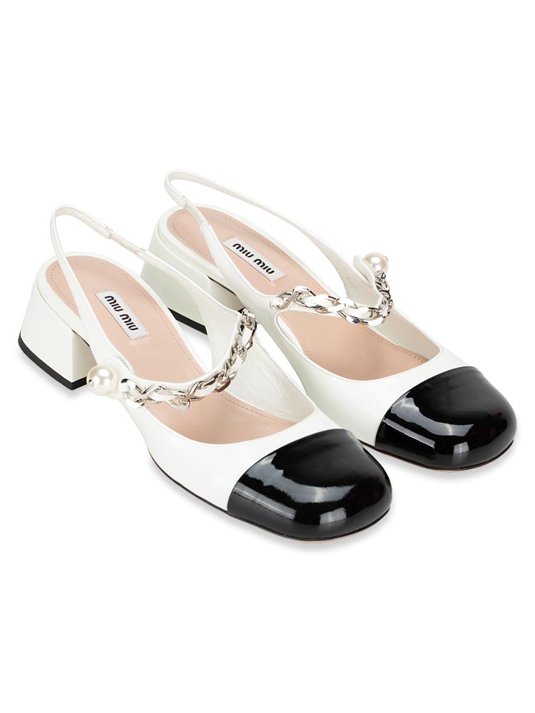 Patent Leather Two Tone Slingback Pumps Bianco Nero Sz 39