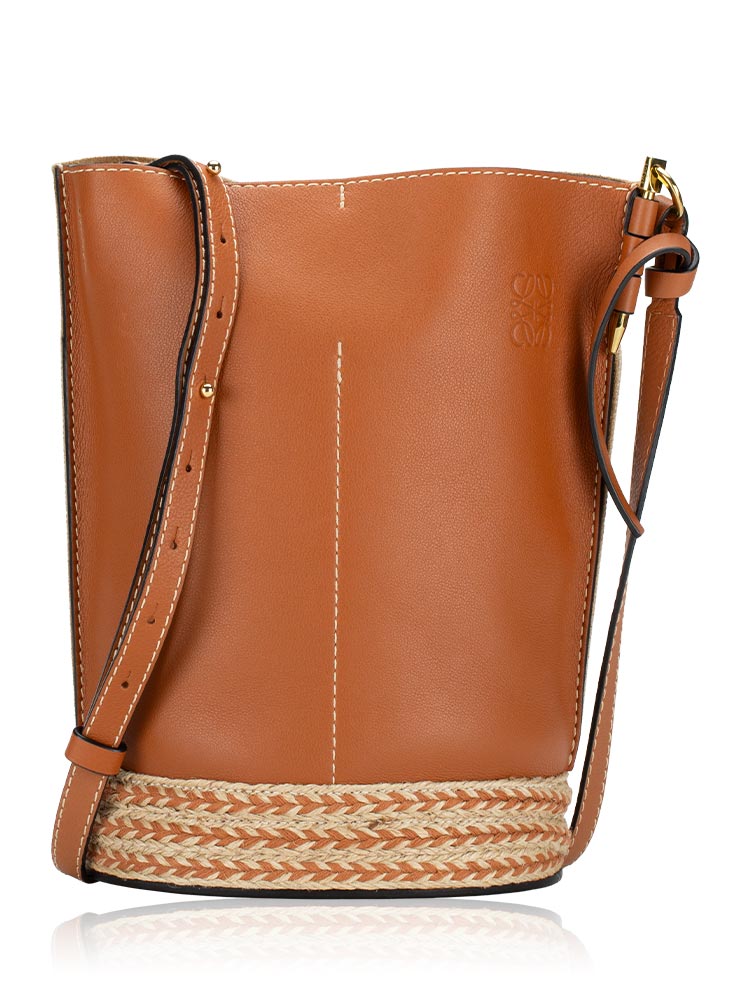 Calfskin Raffia Gate Bucket Bag Tan
