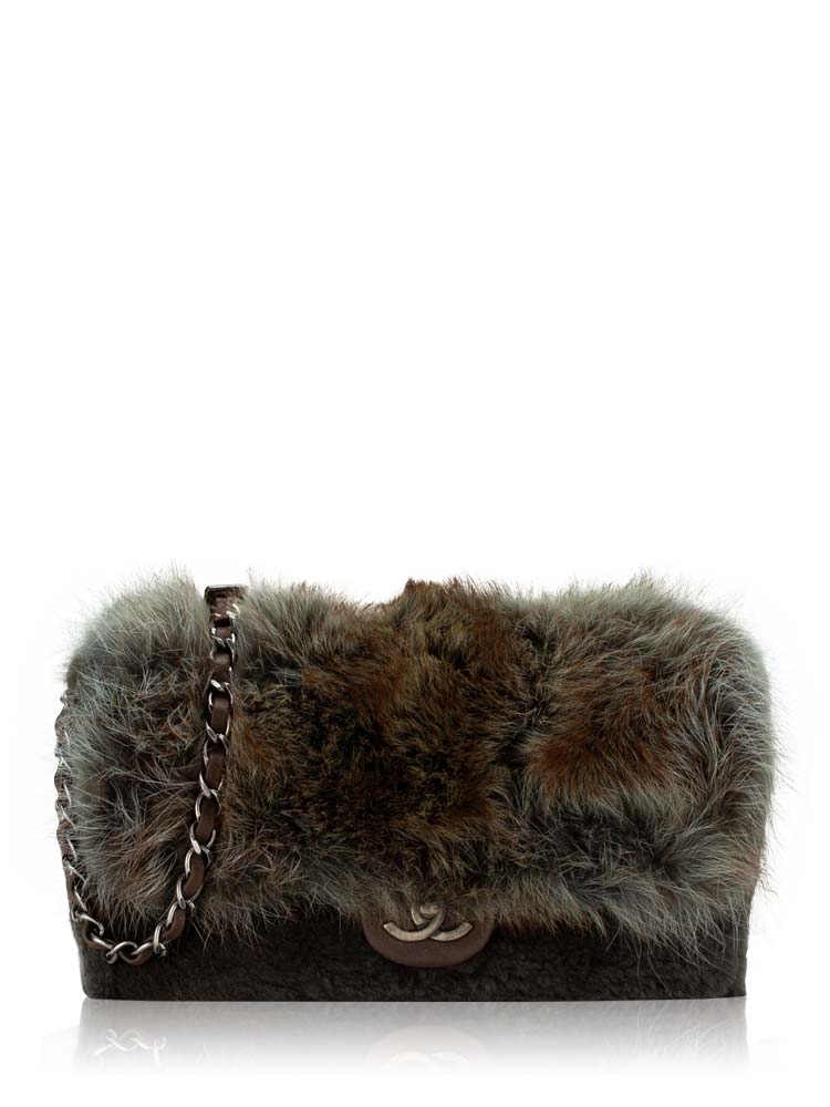 Rabbit Fur Double Chain Flap Bag Brown Grey