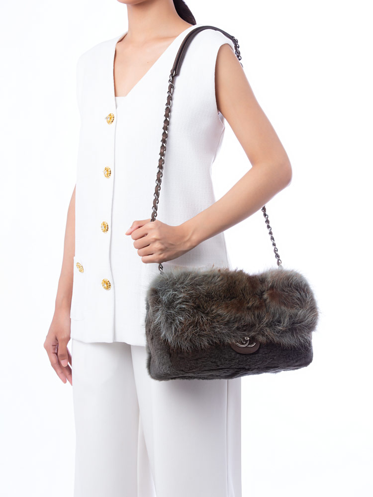 Rabbit Fur Double Chain Flap Bag Brown Grey