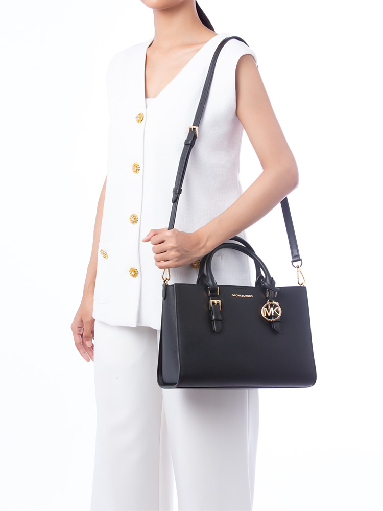 Sally Leather 2 in 1 Medium Satchel with Pouch Black