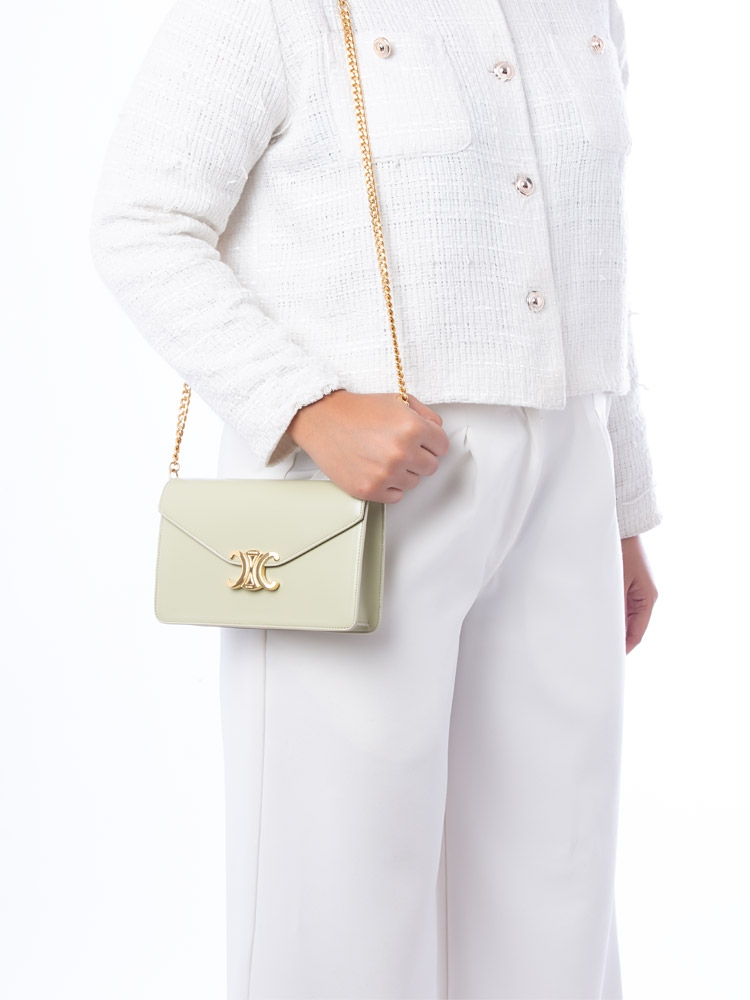 Shiny Calfskin Triomphe Margo Chain Wallet Almond