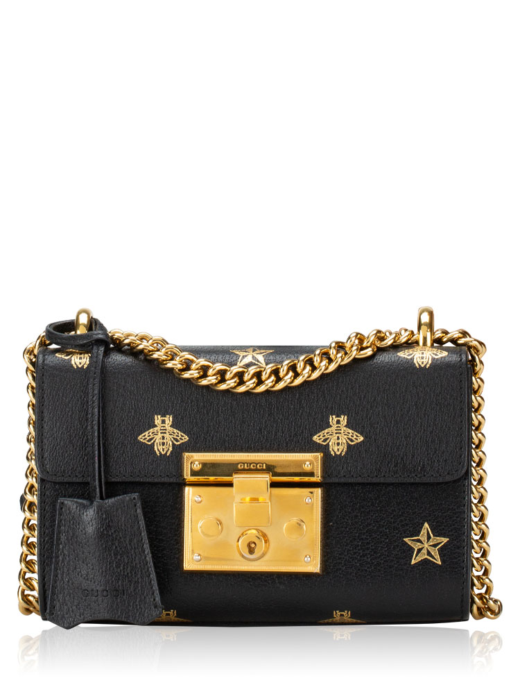 Calfskin Bee Star Padlock Small Shoulder Bag Black