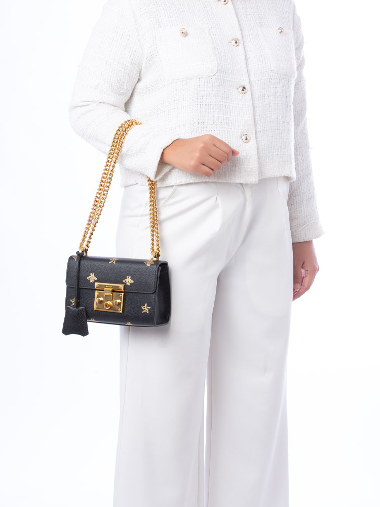 Calfskin Bee Star Padlock Small Shoulder Bag Black