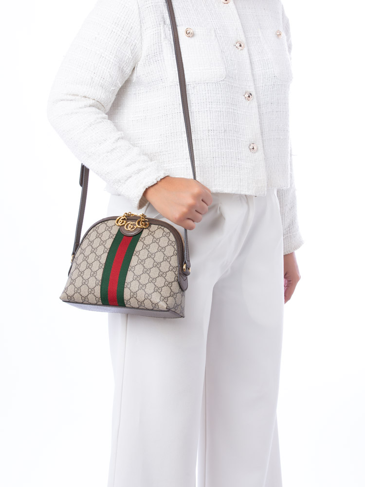 GG Supreme Web Ophidia Small Dome Shoulder Bag Beige Brown