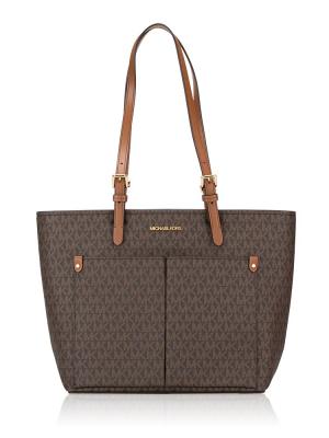 Jet Set Signature Medium Double Pocket Tote Brown Gold