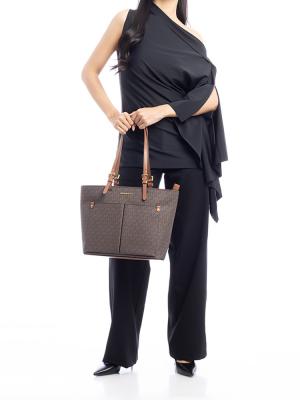 Jet Set Signature Medium Double Pocket Tote Brown Gold