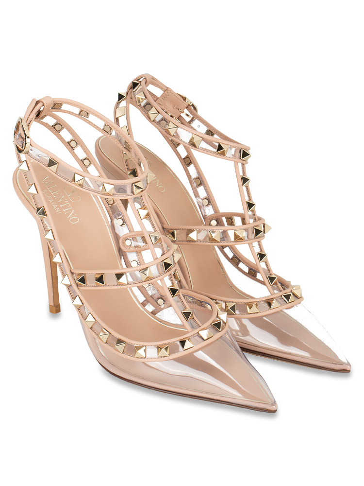 Calfskin PVC Rockstud Slingback Pump Transparent Nude Sz 39