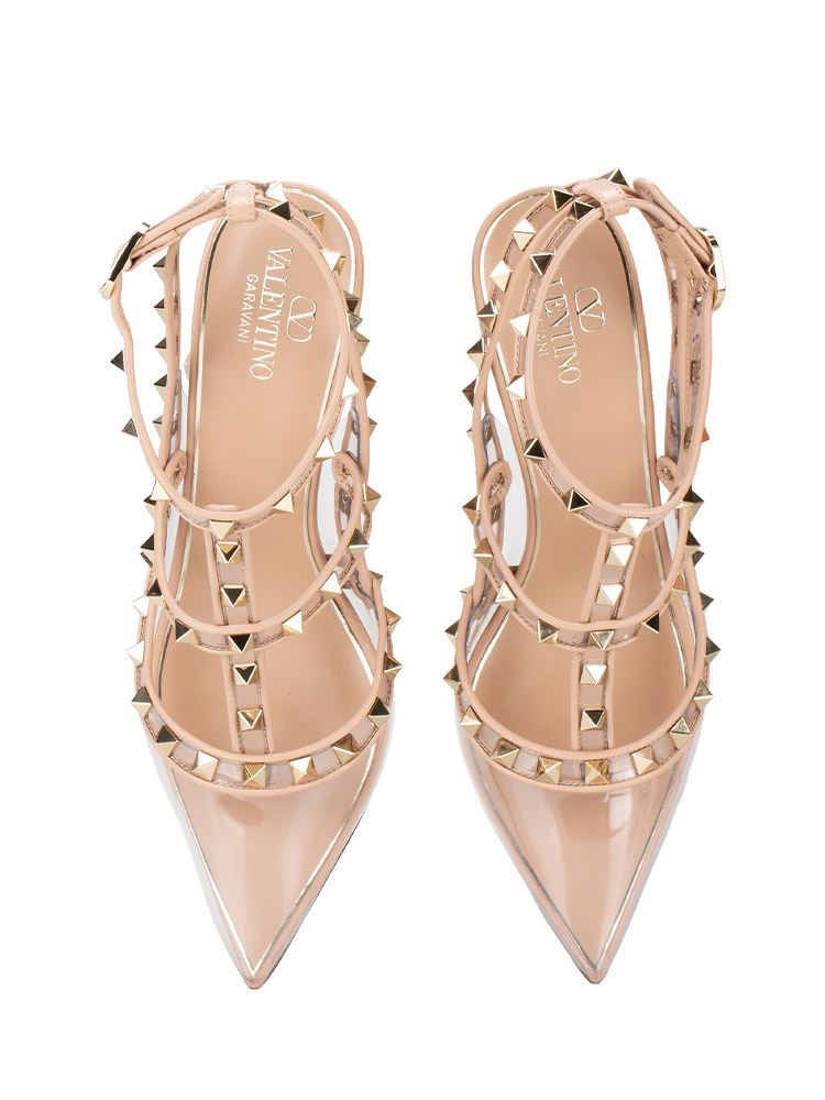 Calfskin PVC Rockstud Slingback Pump Transparent Nude Sz 39