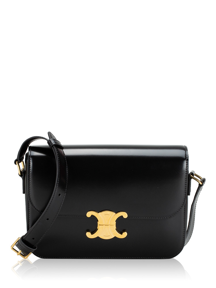 Shiny Calfskin Triomphe Medium Shoulder Bag Black