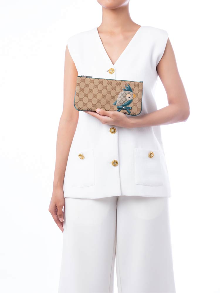 GG Canvas Zoo Bird Mini Pouch Beige Green