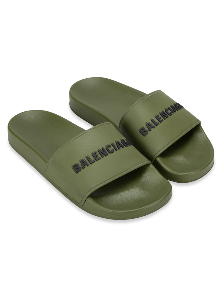 Rubber Logo Pool Slide Sandals Army Green Sz 37