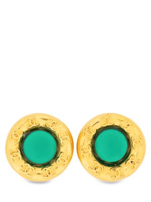 Vintage Metal Gripoix CC Clip On Earrings Green