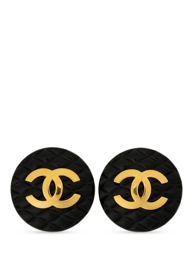 Vintage Coco Mark Matelasse Clip On Earrings Black Gold