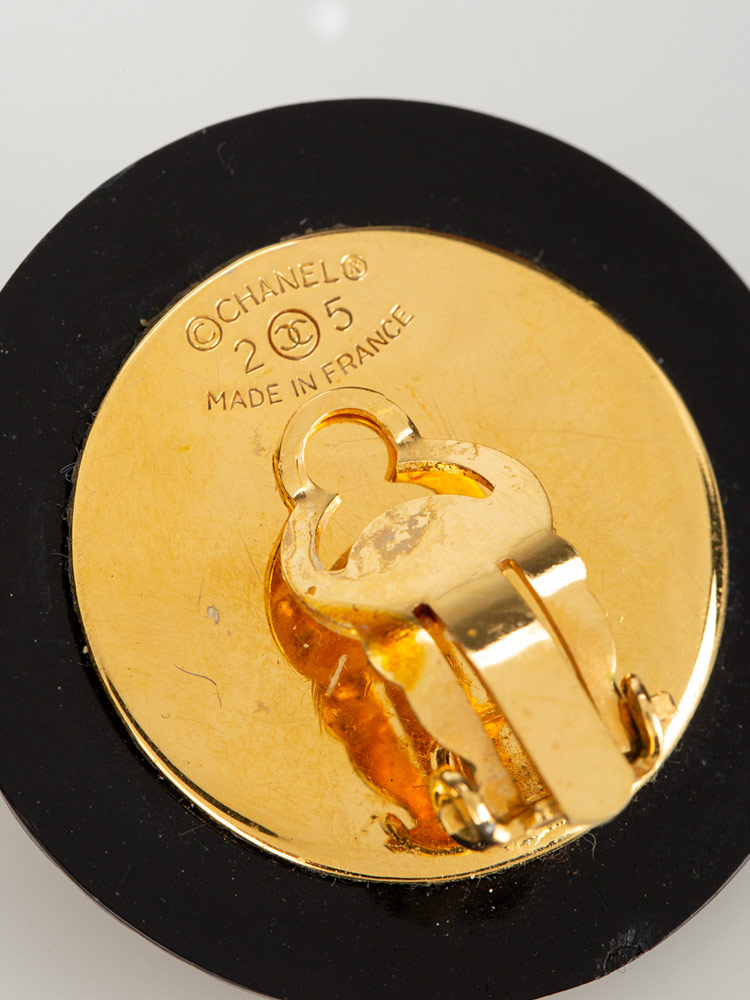 Vintage Coco Mark Matelasse Clip On Earrings Black Gold