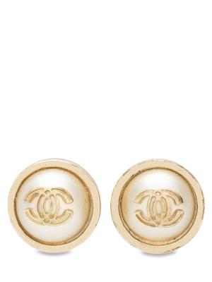 Vintage CC Small Pearl Stud Earrings Silver