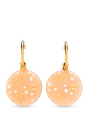 Vintage Resin with Pearl CC Pierce Drop Earrings Pink