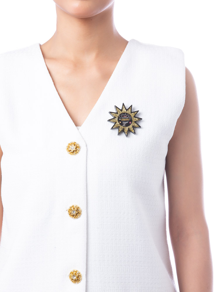 Resin Glitter And Strass Sun Pin Brooch Black