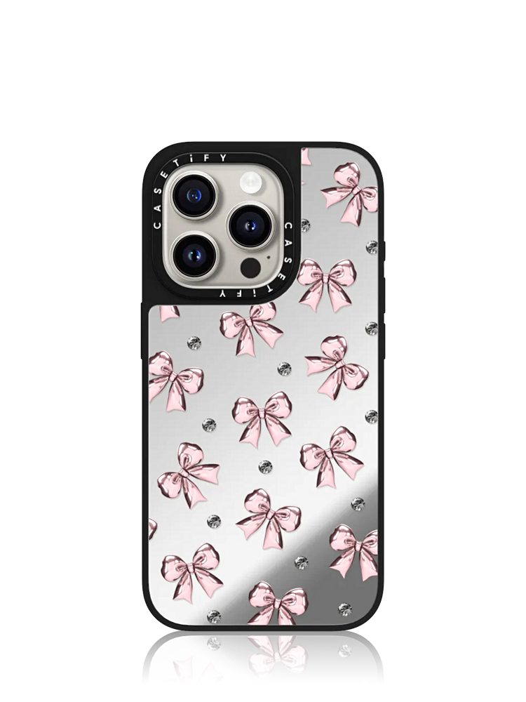 Metallic Pink Ribbon iPhone 15 Pro Mirror Case Silver Black