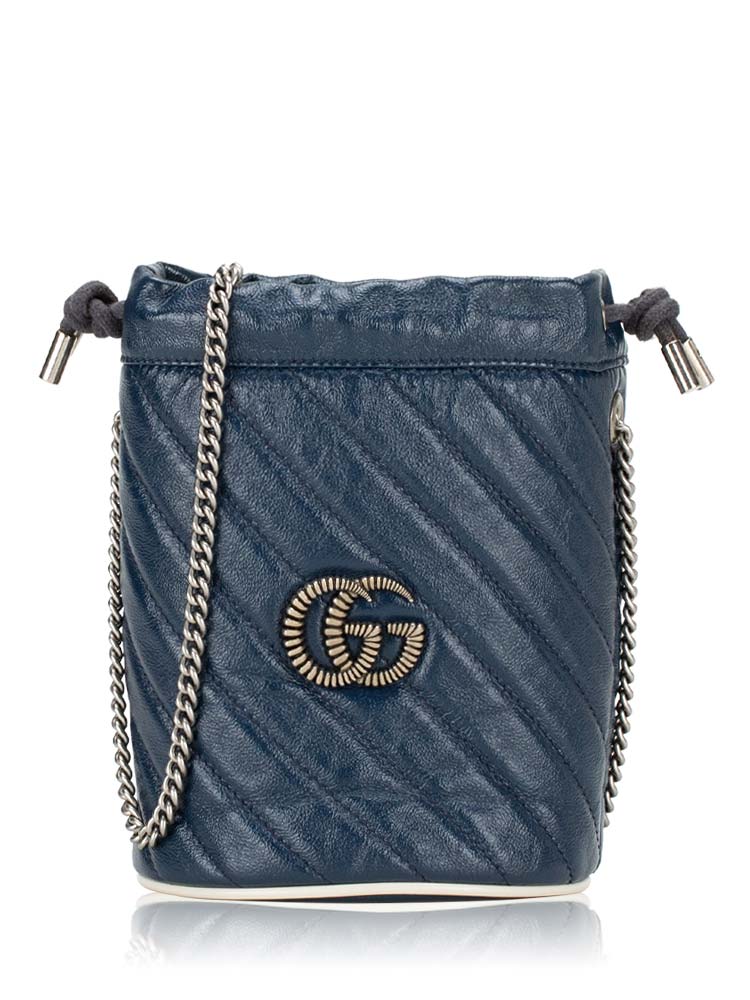 Vintage Effect GG Marmont Matelasse Diagonal 2.0 Bucket Bag Navy