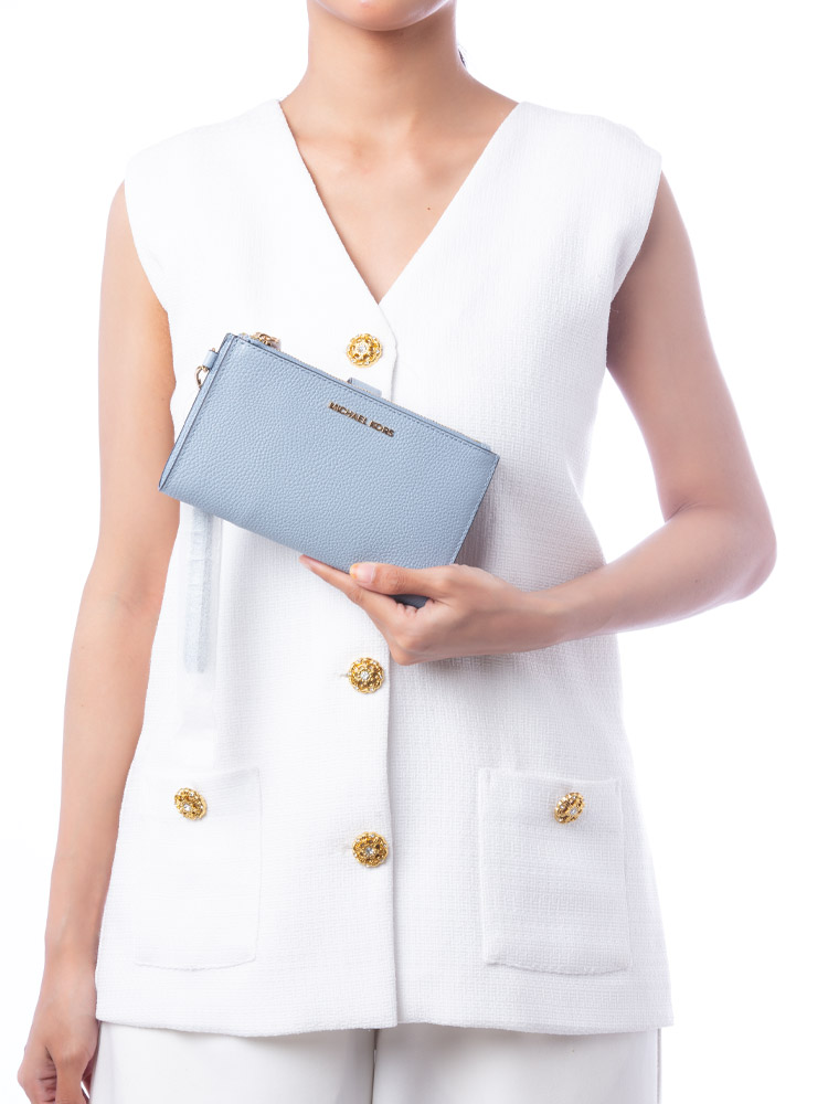 Jet Set Leather Large Double Zip Wristlet Powder Blue