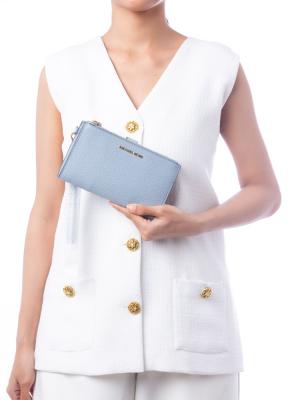 Jet Set Leather Large Double Zip Wristlet Powder Blue