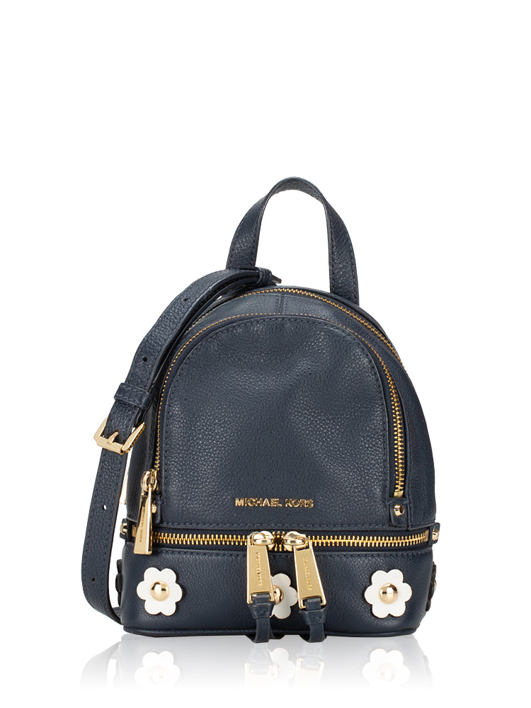 Rhea Floral Appliqué Leather Mini Backpack Navy