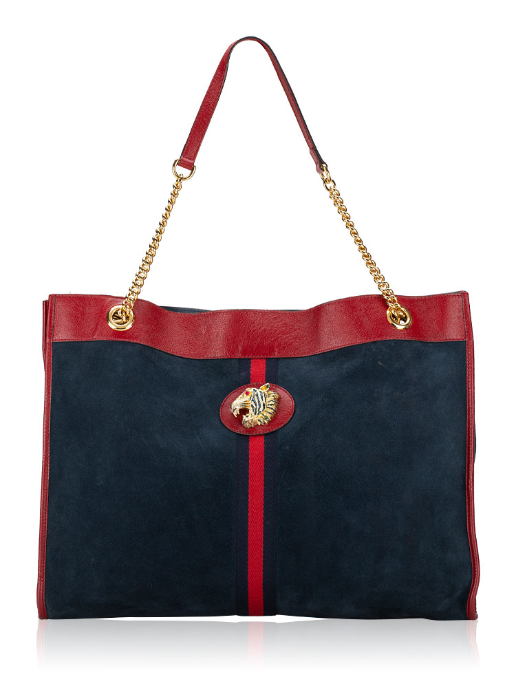 Suede Calfskin Rajah Large Chain Tote New Blue Romantic Cherry