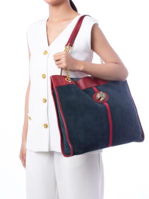 Suede Calfskin Rajah Large Chain Tote New Blue Romantic Cherry