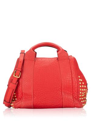 Calfskin Embossed Studded Two Way Satchel Red