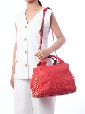 Calfskin Embossed Studded Two Way Satchel Red