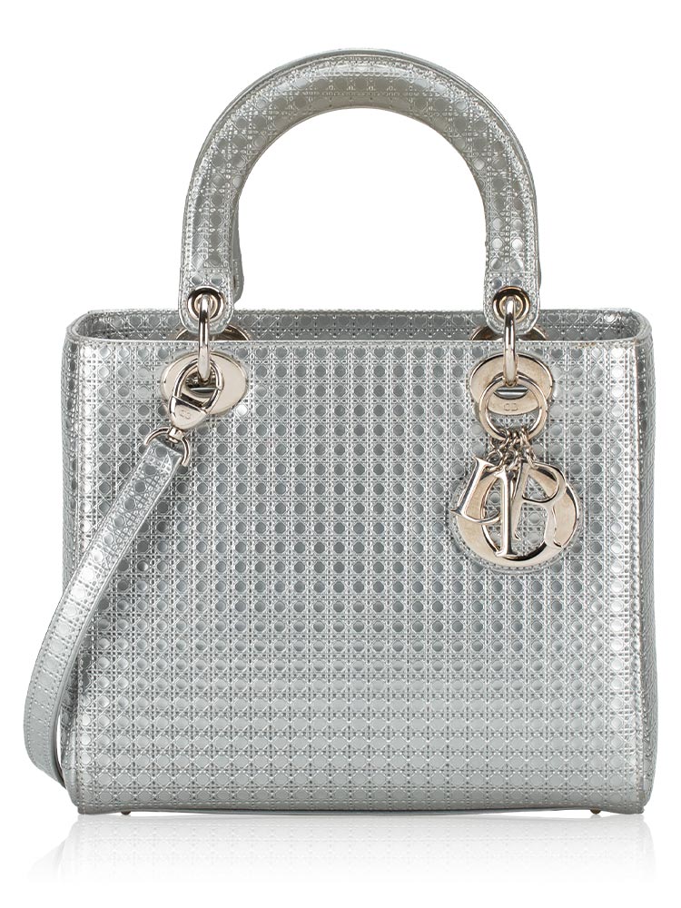 Metallic Patent Micro-Cannage Medium Lady Dior Silver