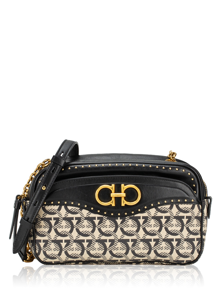 Gancini Studded Jacquard Camera Bag Black