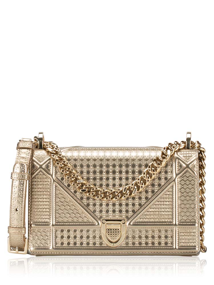 Metallic Patent Micro-Cannage Diorama Small Flap Bag Champagne