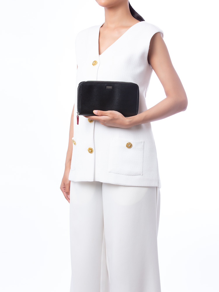 Calfskin Double Zip Organizer Wallet Black