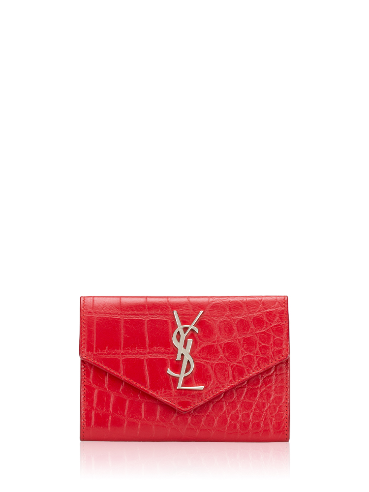 Calfskin Croc Embossed Monogram Envelope Card Wallet Red