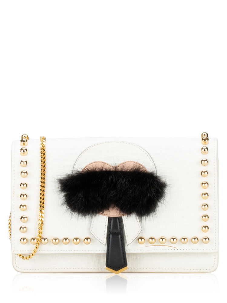 Vitello Elite Mink Fur Studded Karlito Wallet on Chain White