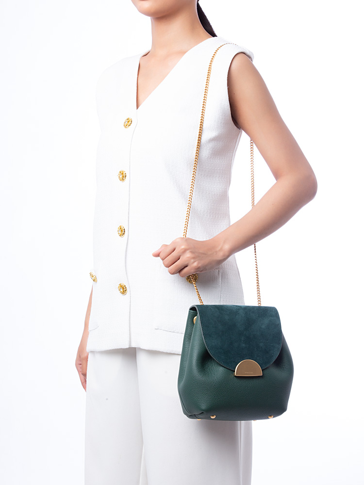 Textured Calfskin Numero Un Duo Mini Chain Shoulder Bag Green