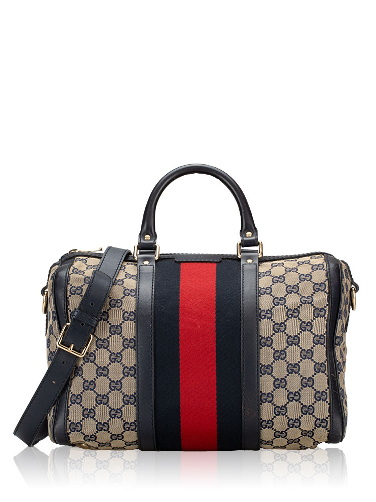 GG Canvas Vintage Web Medium Boston Bag with Strap Navy